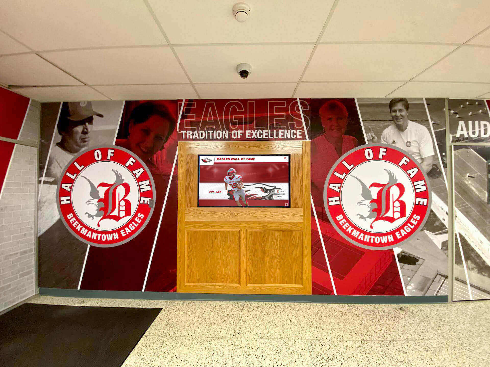 School athletic hall of fame mural in main lobby Hall of fame recognition