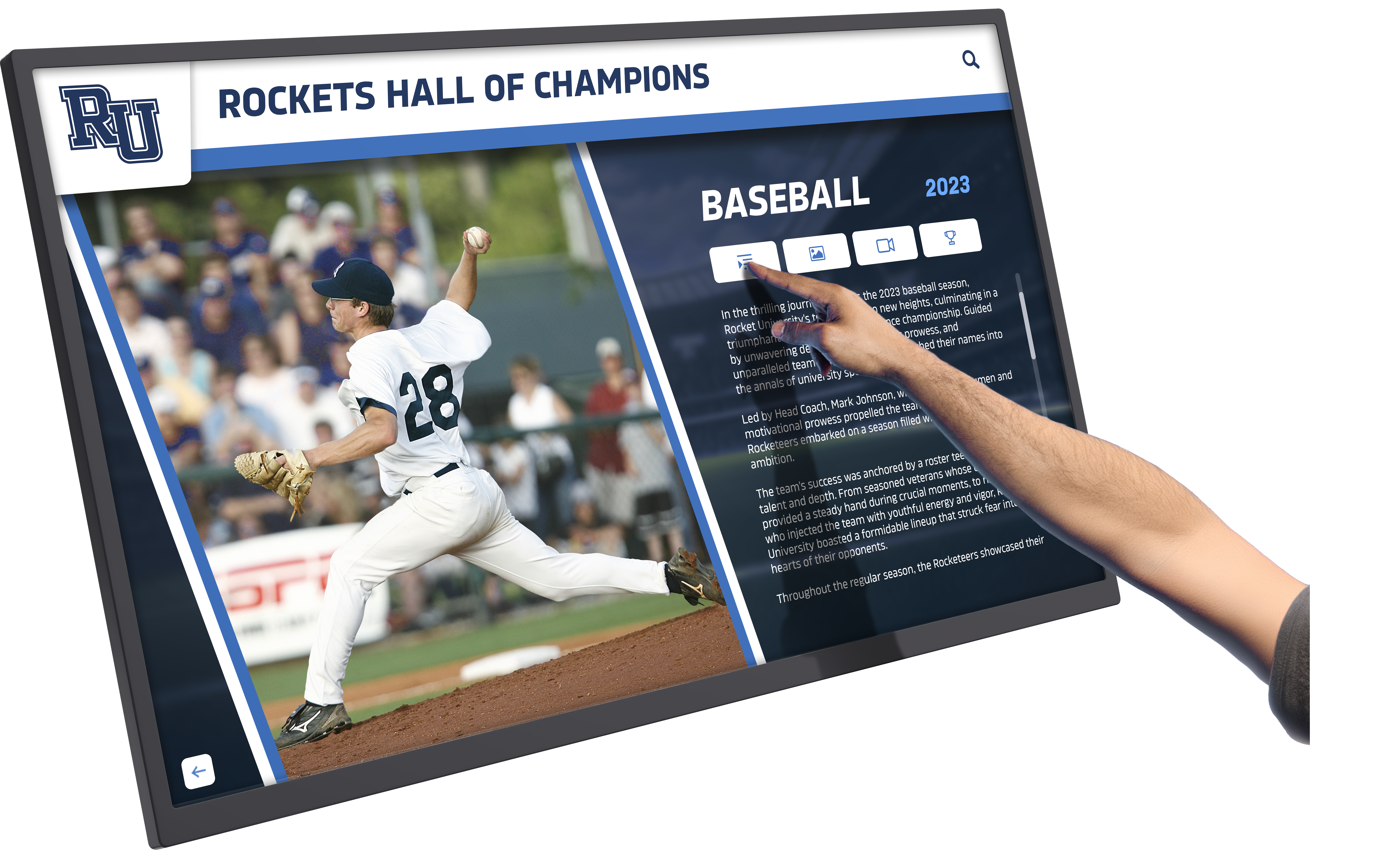 Hand selecting athlete profile on digital touchscreen display Interactive athlete recognition
