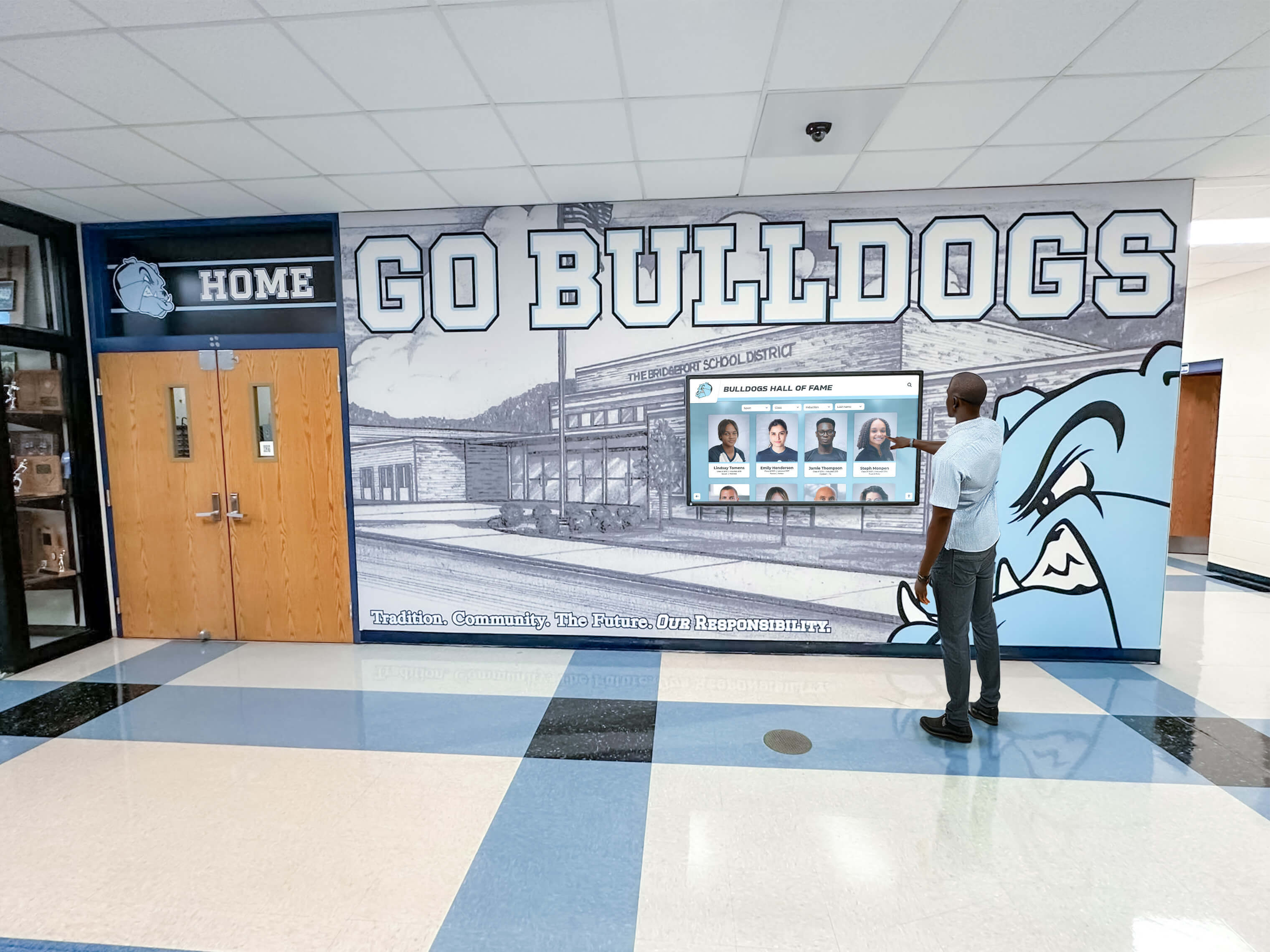 Student exploring athletic hall of fame on touchscreen display Digital athlete recognition